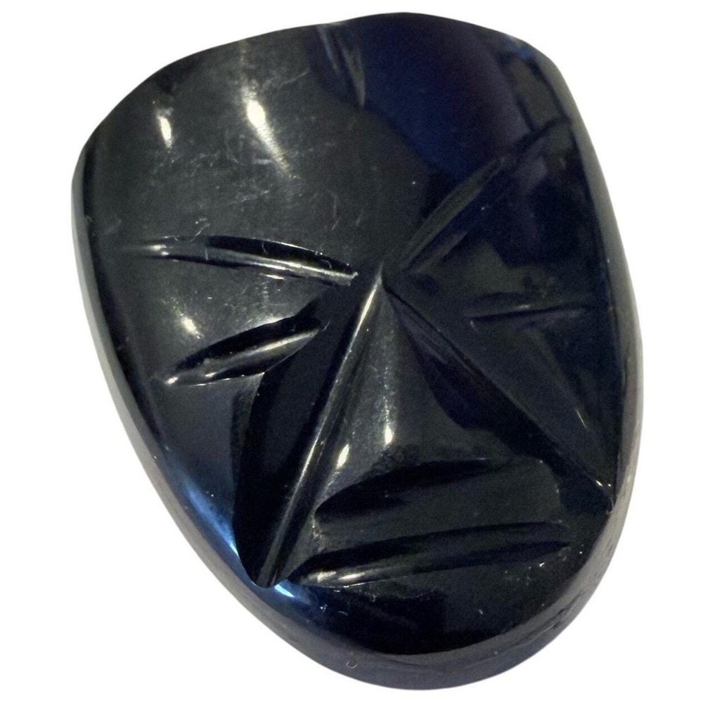 Hand Carved Black Stone Tribal Mask Folk Art Figurine Mini Sculpture 1.25 Inch